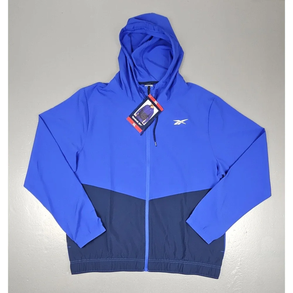 Reebok Jacket Mens XL Blue Colorblock Hooded Full Zip Training Woven Athletic